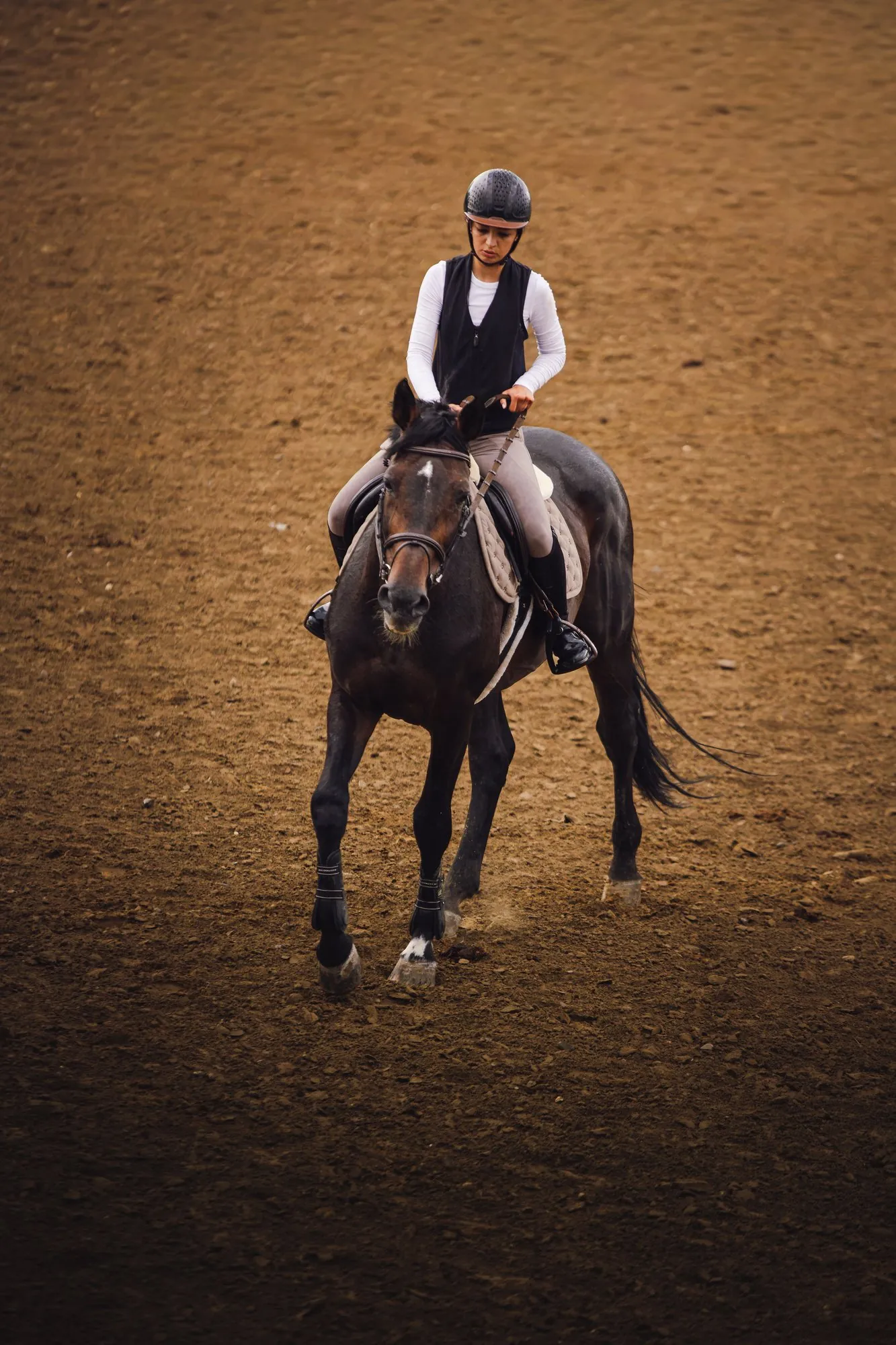 Distant rider and horse crossing an outdoor arena