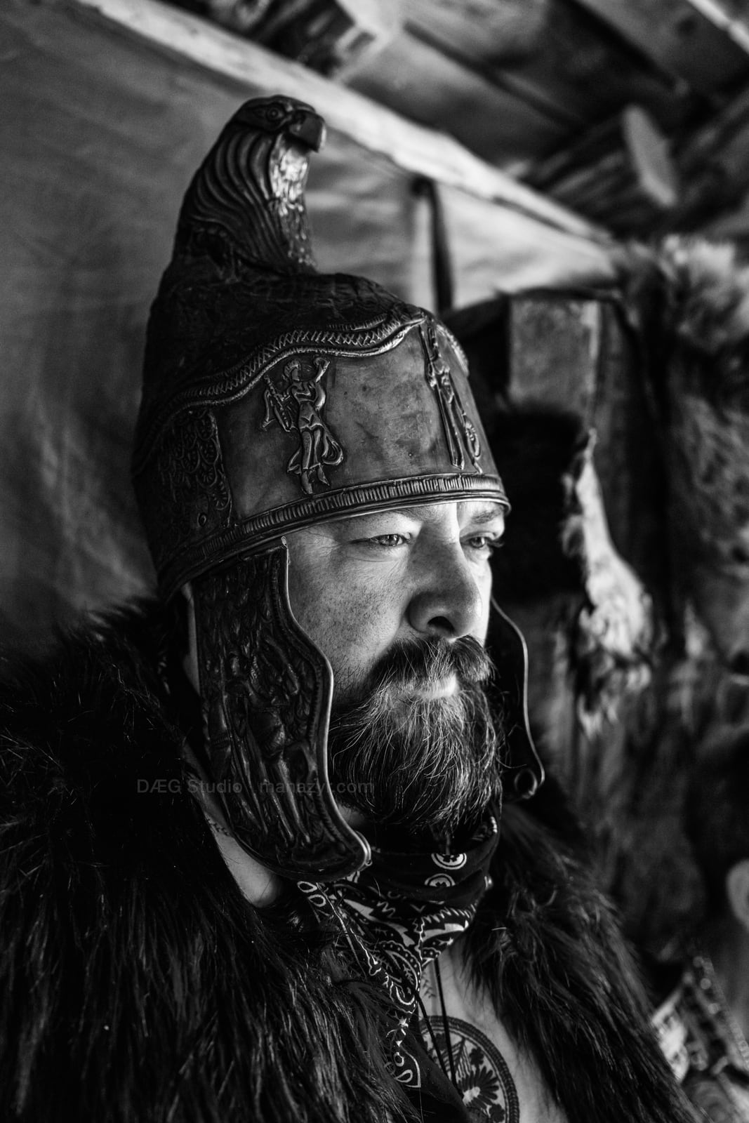 Black-and-white profile of a bearded warrior wearing an ornate helmet and fur mantle.