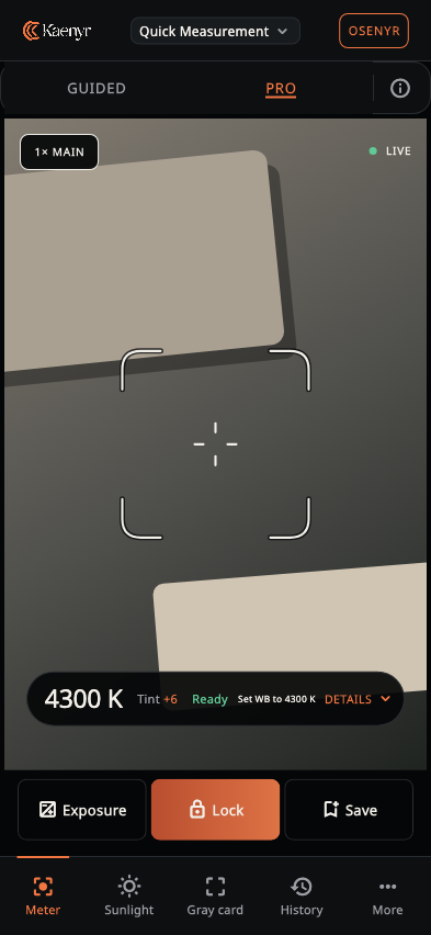 Kaenyr Meter interface showing a locked light reading