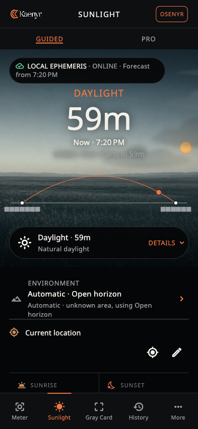 Kaenyr Sunlight interface with solar and weather planning