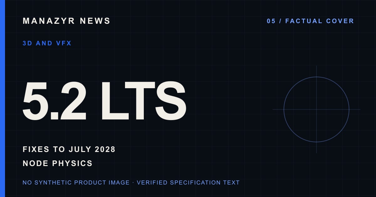 Typographic factual cover reading Blender 5.2 LTS, fixes to July 2028 and node physics