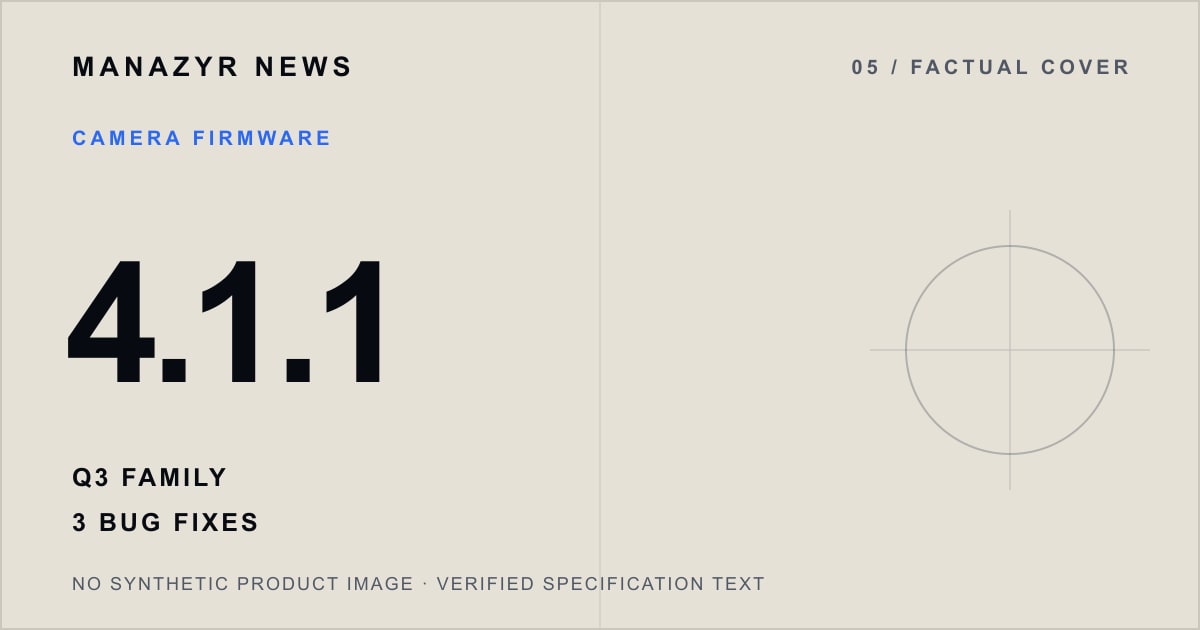 Typographic factual cover reading Leica Q3 family firmware 4.1.1 and three bug fixes; no product image