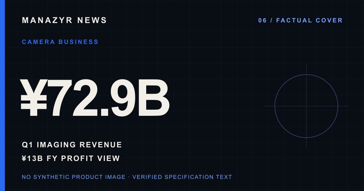 Typographic factual cover with Nikon Imaging revenue of 72.9 billion yen and a 13 billion yen full-year operating-profit forecast; no product image