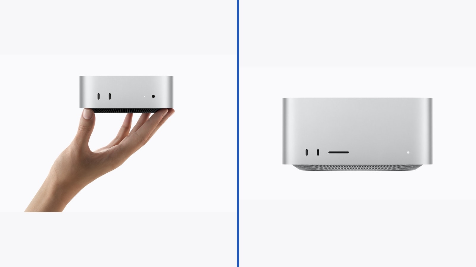 Official Apple photographs of the compact silver Mac mini held in a hand and the larger silver Mac Studio shown side by side