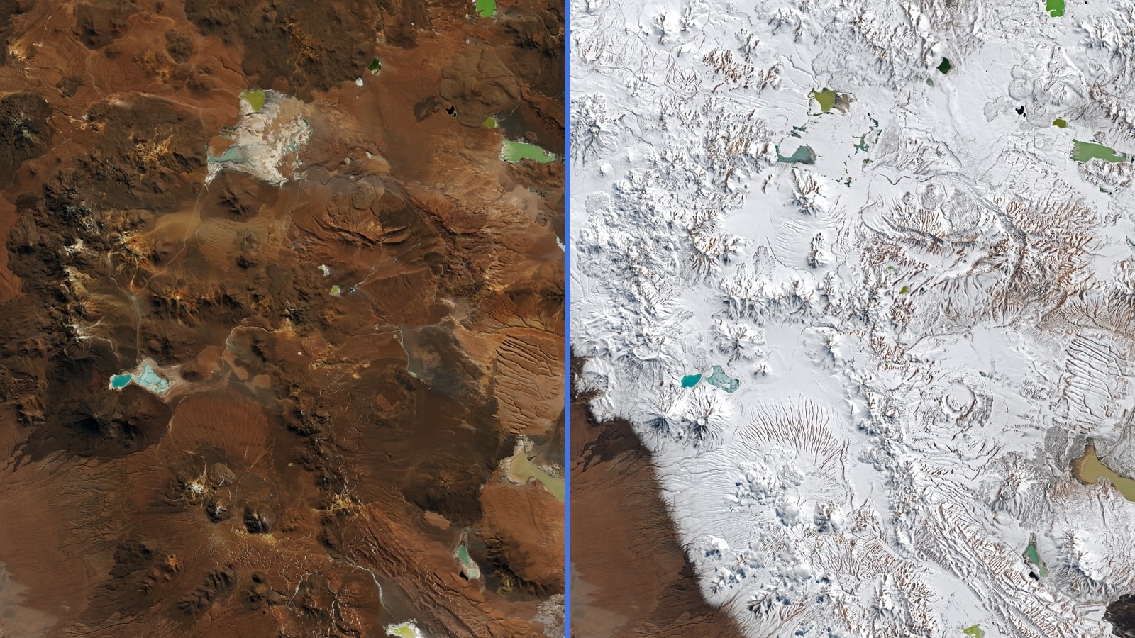 Side-by-side Landsat views of northern Chile's Atacama Desert before widespread snow on August 6 and after snow on August 14, 2026