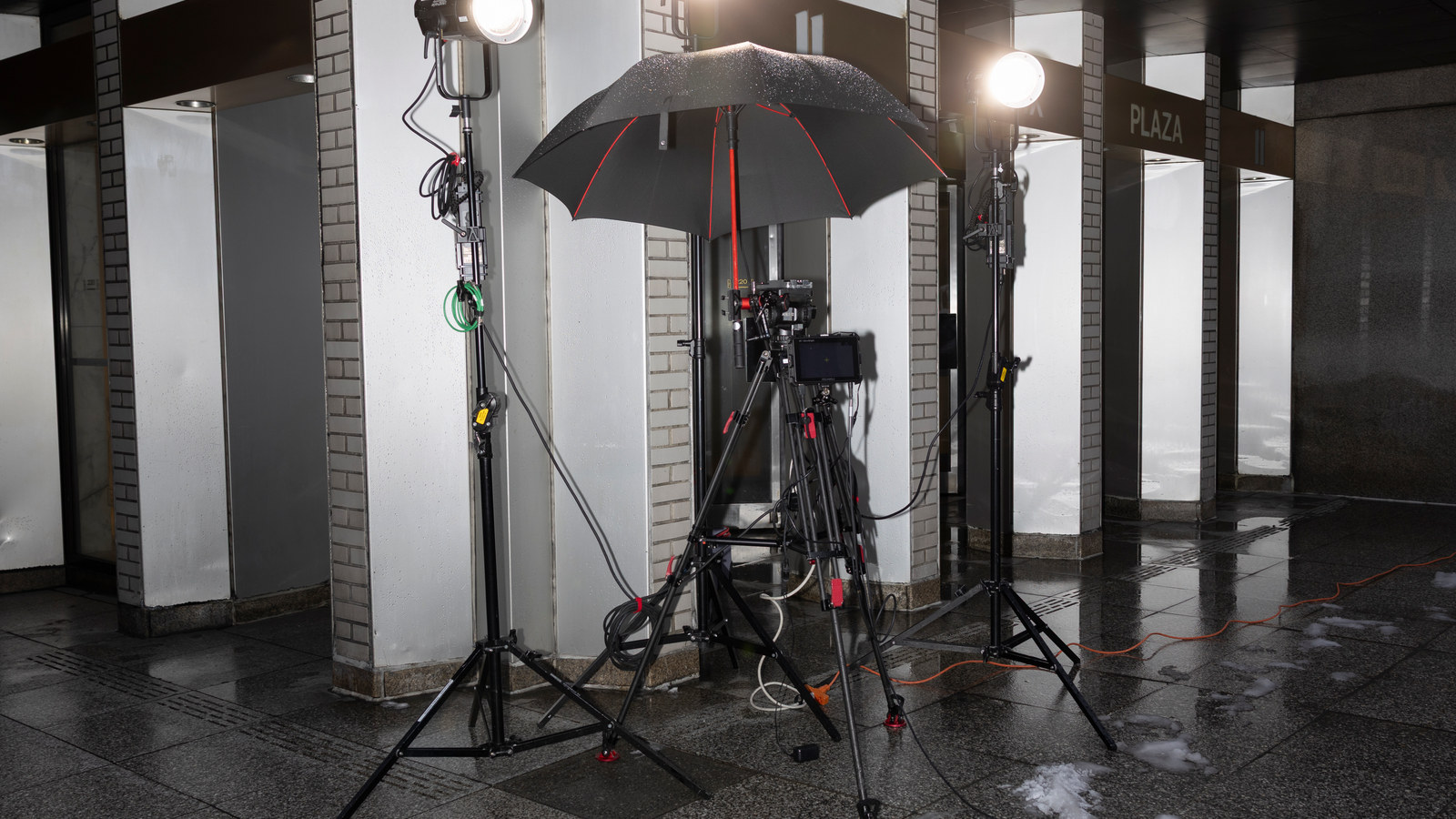A real camera and lighting rig working outdoors in snow; this is field-production context, not Sony FX5 hardware.