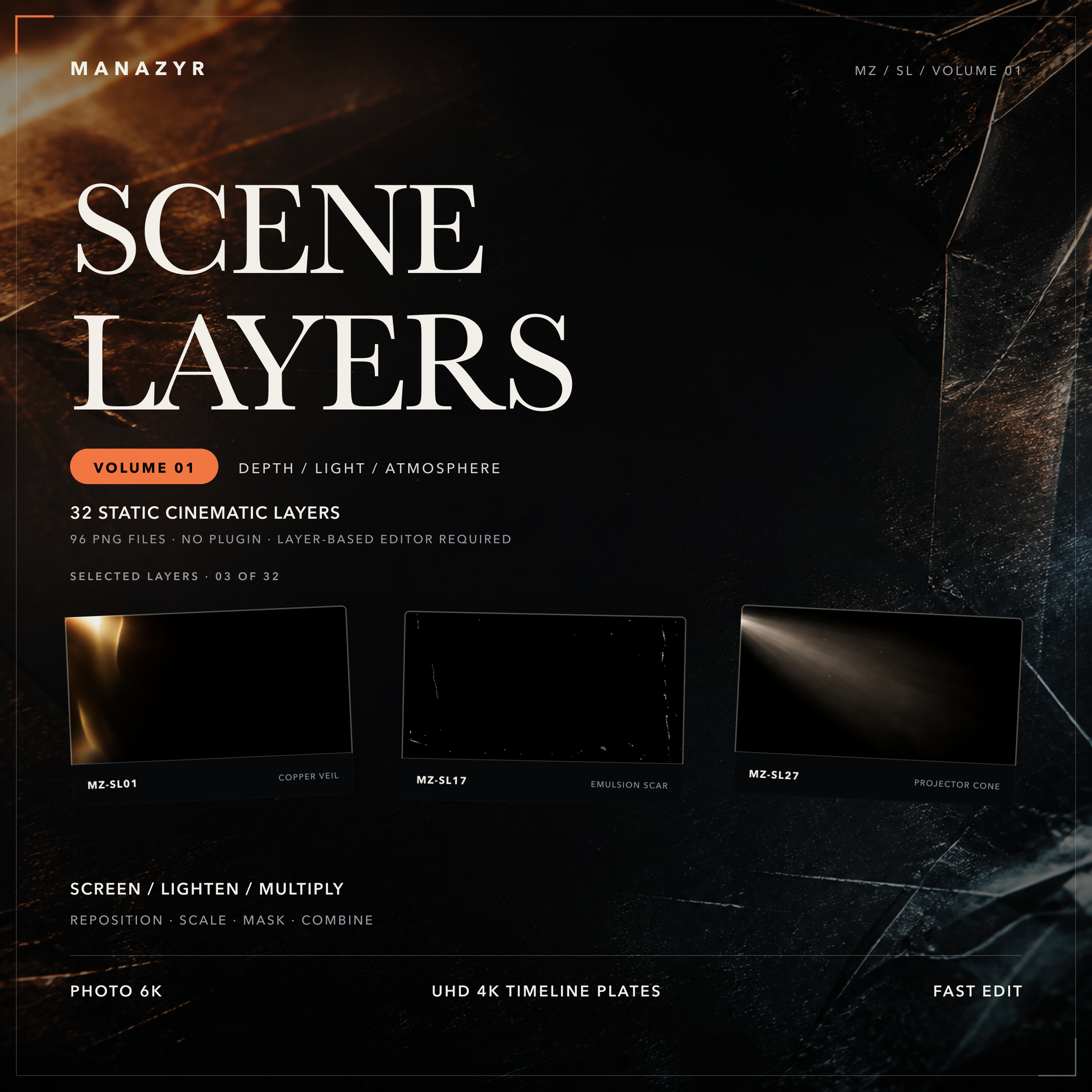 MANAZYR Scene Layers Volume 01 — 32 static cinematic layers for photo and UHD 4K timelines.